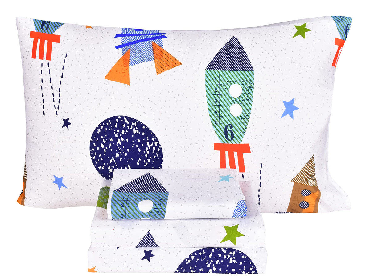 Scientific Sleep Moon & Stars Boys Girls 100% Cotton 3 Pcs Twin Bed Sheet Set Kids Toddler Teen, Flat Sheet & Fitted Sheet & Pillowcase Kids Bedding Set