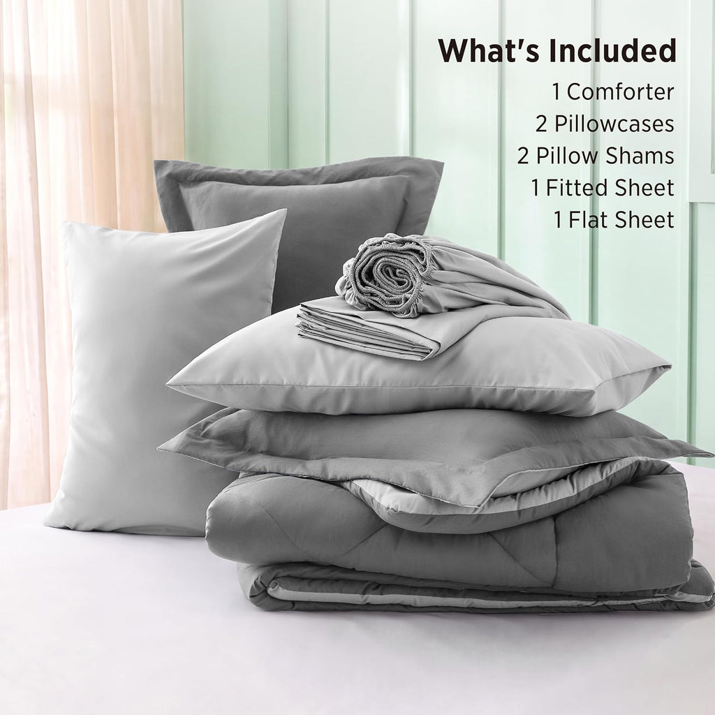 Bedsure Queen Bed in a Bag Reversible Bed Set 7 Pieces Grey/Light Grey