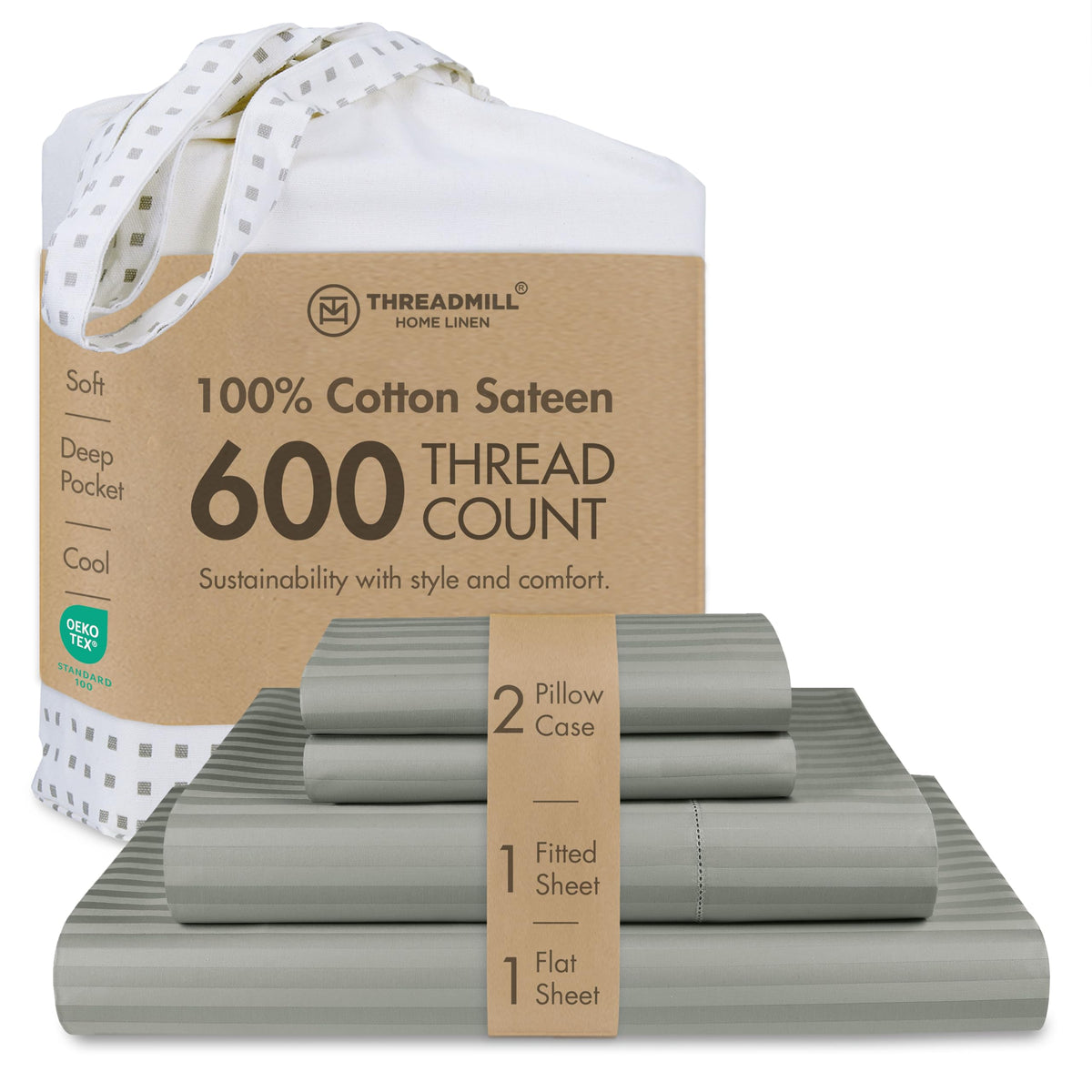 Threadmill 600 Thread Count Cotton Queen Sheet Set, Sateen, Dark Grey