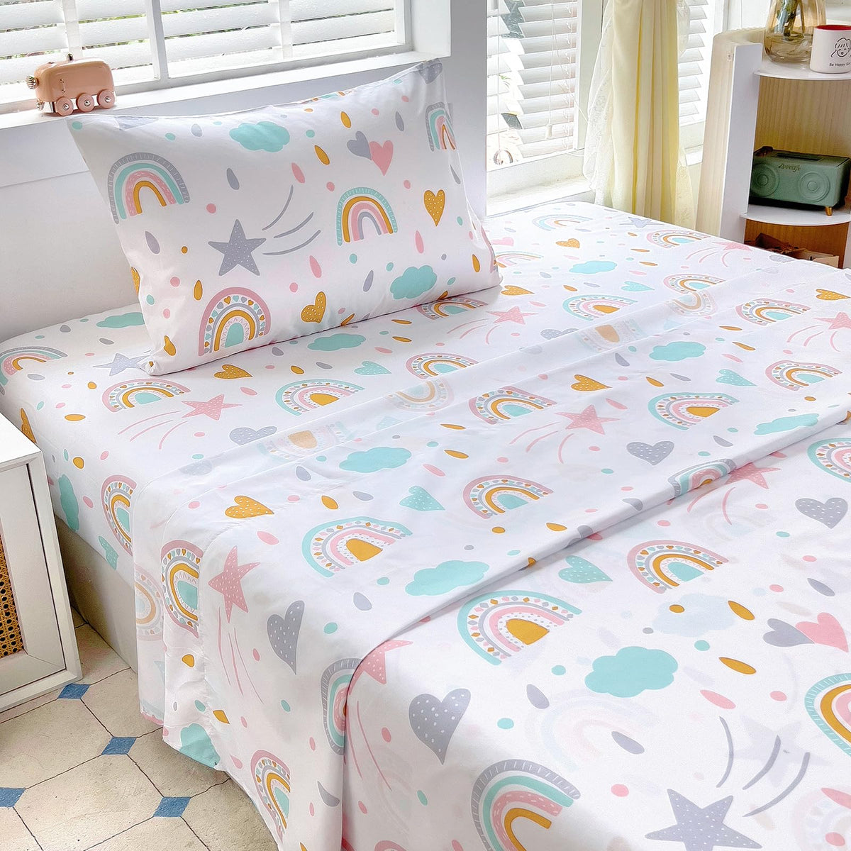 Full Sheet Set Kids - Pink Check 4 Pieces Soft Microfiber Cartoon Style Bedsheets for Boys Girls Teens, Oeko TEX Breathable 15 Inch Deep Pocket Sheets(Pink Bow)