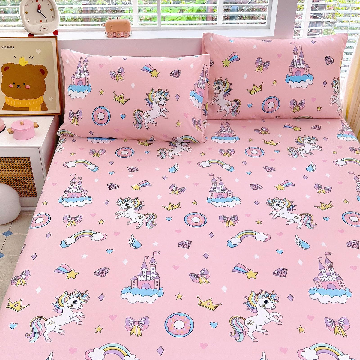 Full Sheet Set Kids - Pink Check 4 Pieces Soft Microfiber Cartoon Style Bedsheets for Boys Girls Teens, Oeko TEX Breathable 15 Inch Deep Pocket Sheets(Pink Bow)