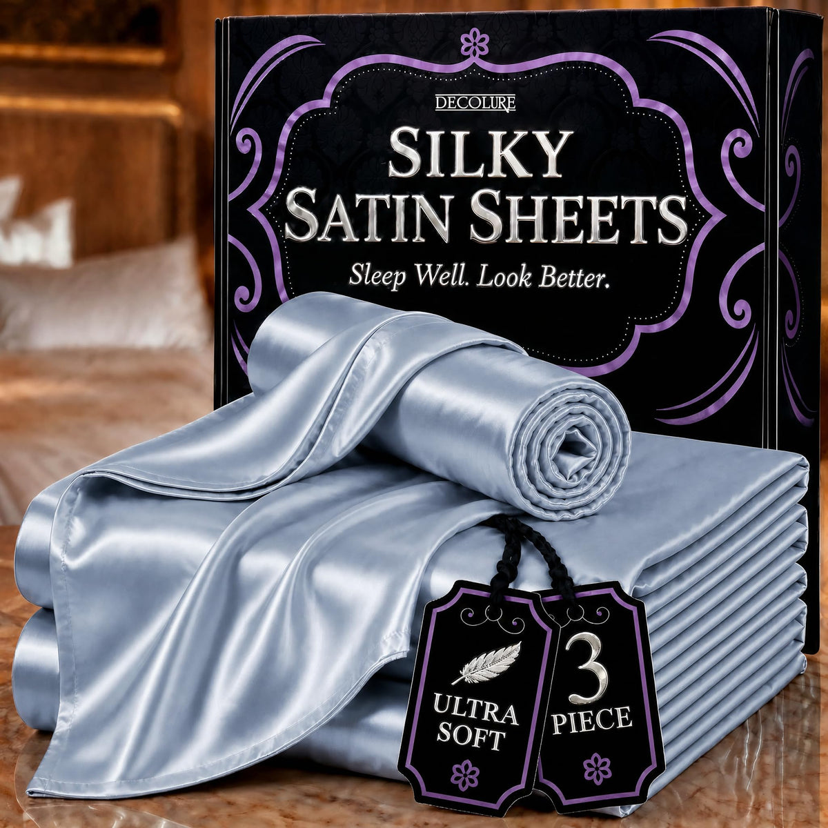 DECOLURE Satin Sheets Queen Size | Softer Than Silk | Luxury 4 Pc Bed Set