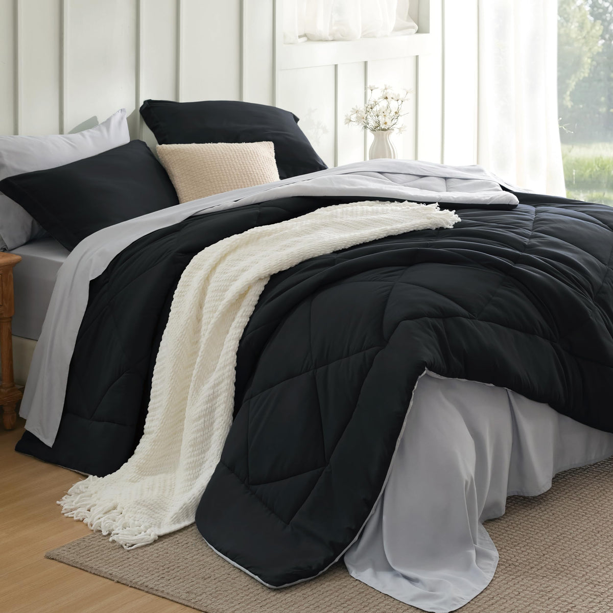 Bedsure Queen Bed in a Bag Reversible Bed Set 7 Pieces Grey/Light Grey