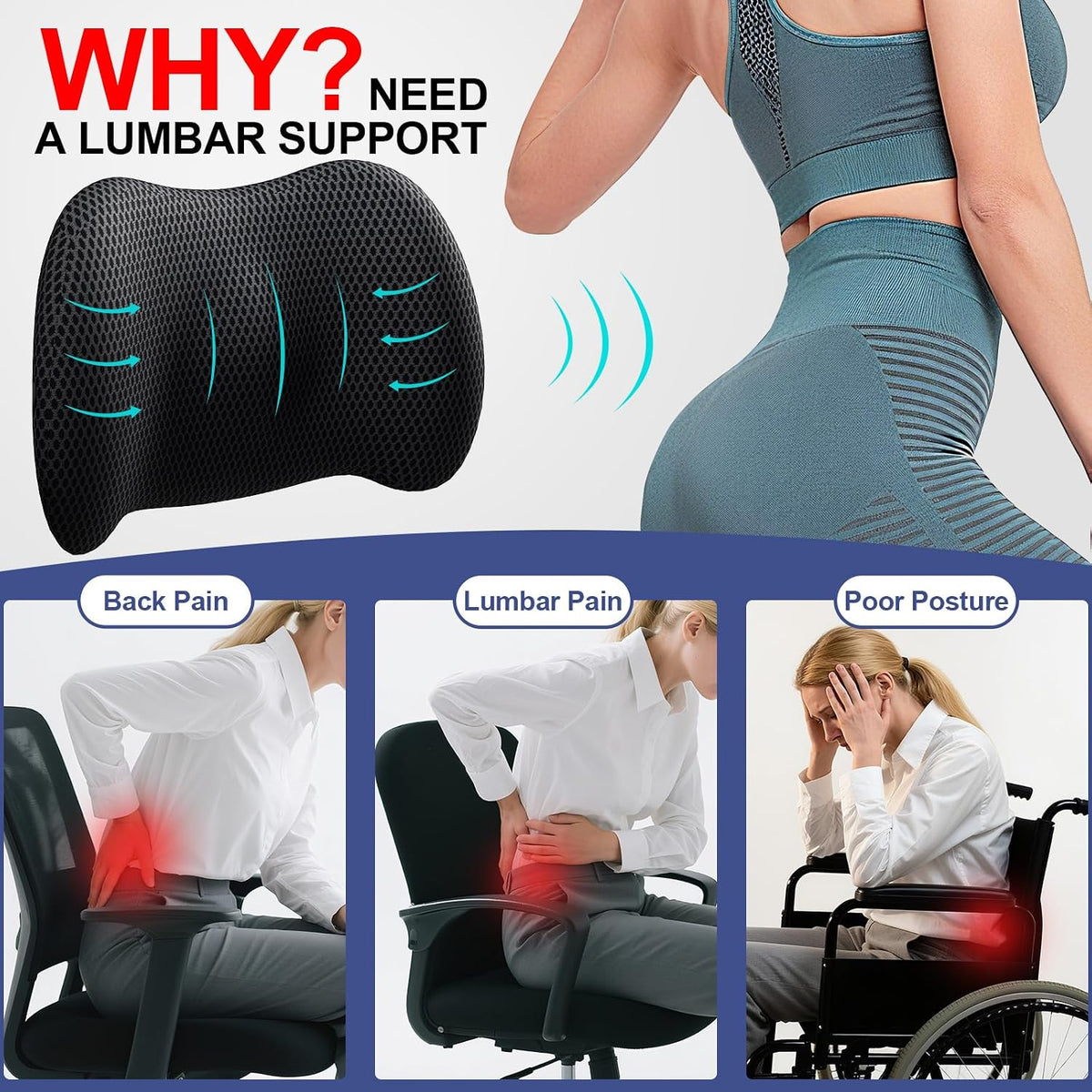 BYMECOST Lumbar Support Pillow for Car, Memory Foam Car Back Cushion