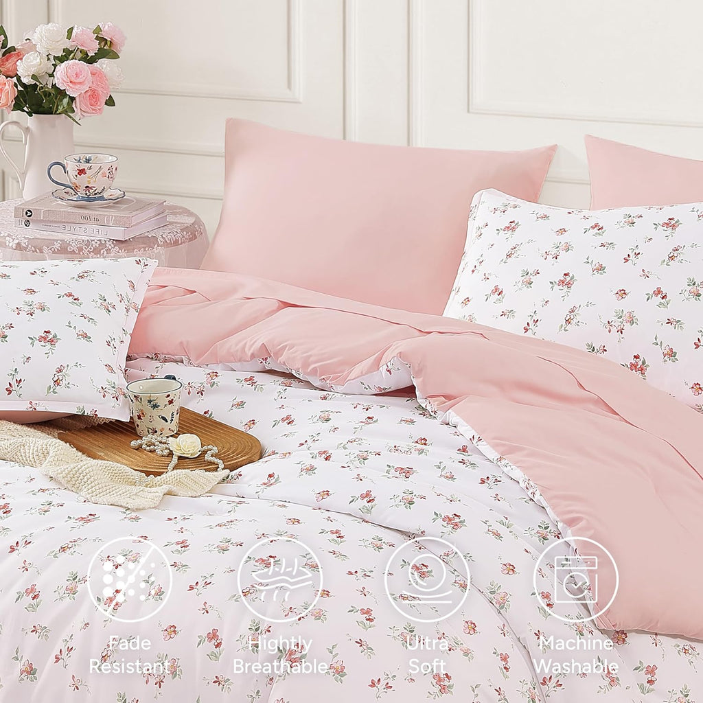 Andency Floral Twin Comforter Set, 5 Pieces Cute Pink Coquette Bedding
