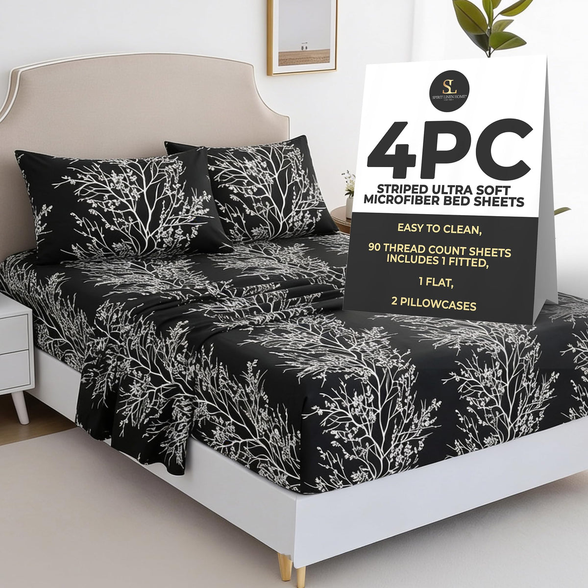 Home 4-Piece Elegant Soft Bed Sheet Set - King, Hunter/White
