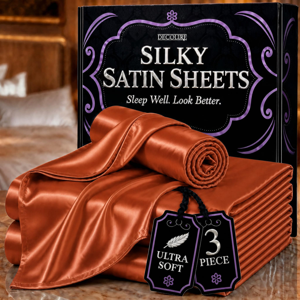 DECOLURE Satin Sheets Queen Size | Softer Than Silk | Luxury 4 Pc Bed Set