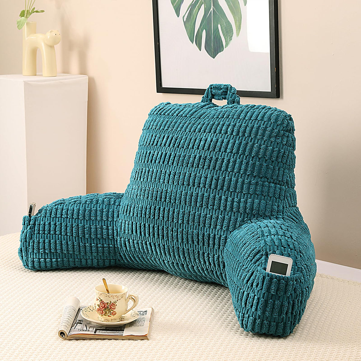 Reading Pillow for Sitting in Bed with Arm,White Corduroy, M