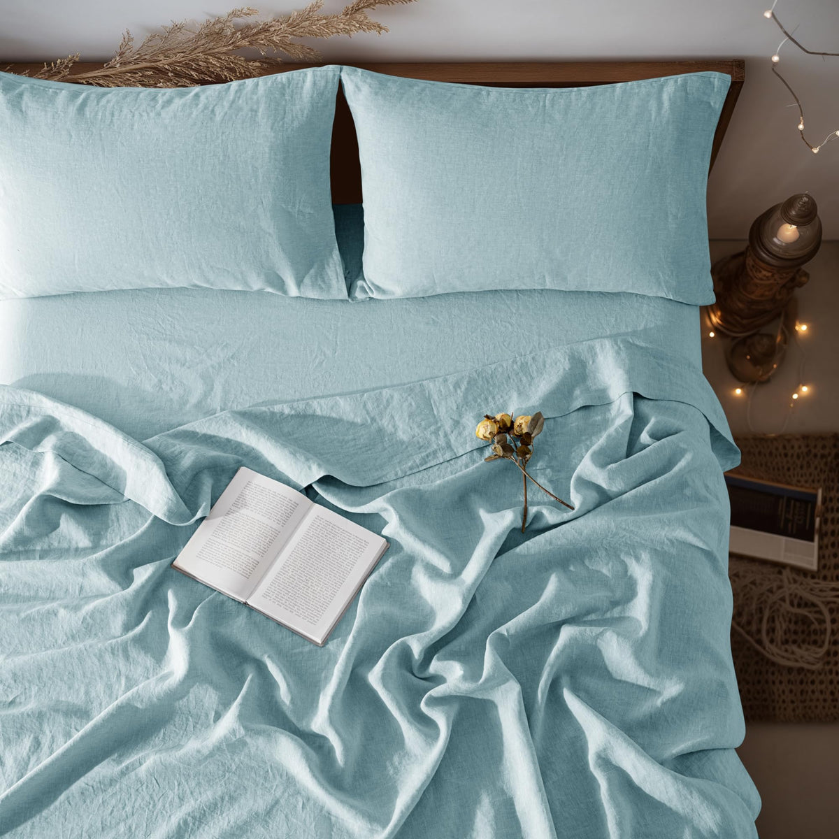 LBRO2M 100% French Pure Linen Sheet Set 4Pcs, 16" Deep Pocket Queen Size