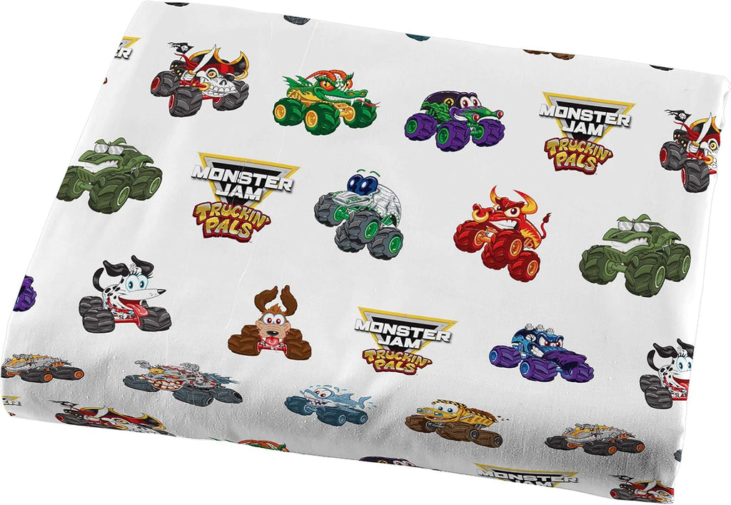 Jay Franco Kids Sheet Set with Fitted, Flat Sheets & Pillow Cover - Ultra-Soft Bedding with Pillowcase for Room Decor, White - Monster Jam, 3 Piece Toddler