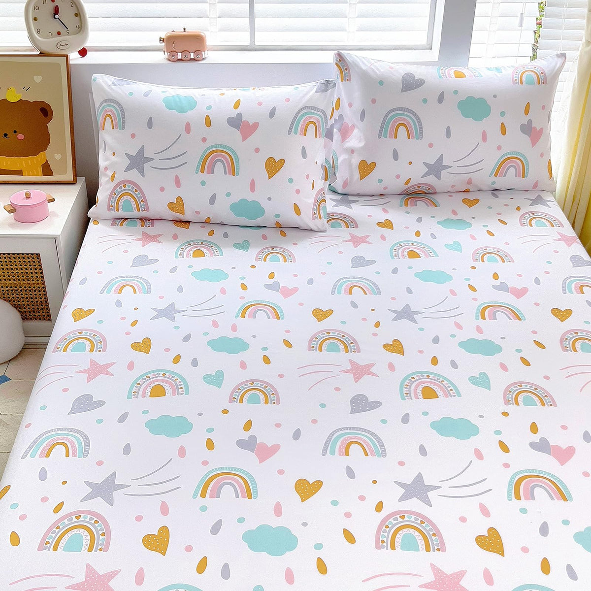 Full Sheet Set Kids - Pink Check 4 Pieces Soft Microfiber Cartoon Style Bedsheets for Boys Girls Teens, Oeko TEX Breathable 15 Inch Deep Pocket Sheets(Pink Bow)