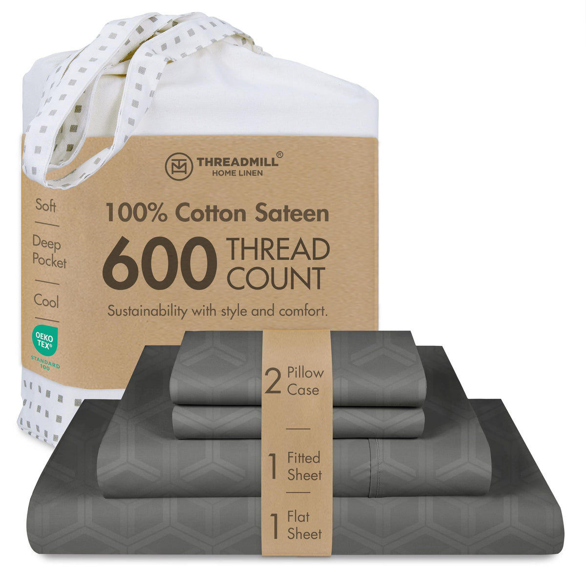 Threadmill 600 Thread Count Cotton Queen Sheet Set, Sateen, Dark Grey