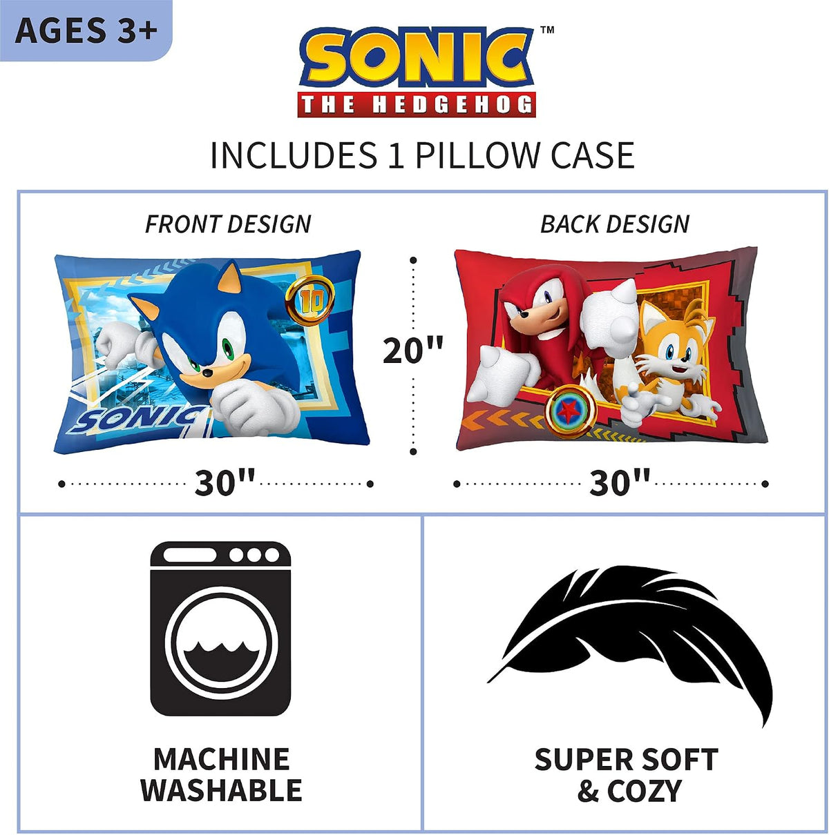 Franco Kids Bedding Super Soft Microfiber Reversible Pillowcase, 20 in x 30 in, Sonic The Hedgehog