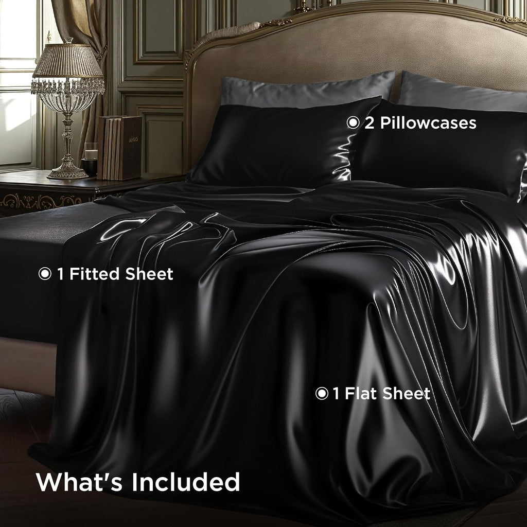 Bedsure Black Satin Sheets Queen Size, Soft Silky Bedsheet for Hair & Skin