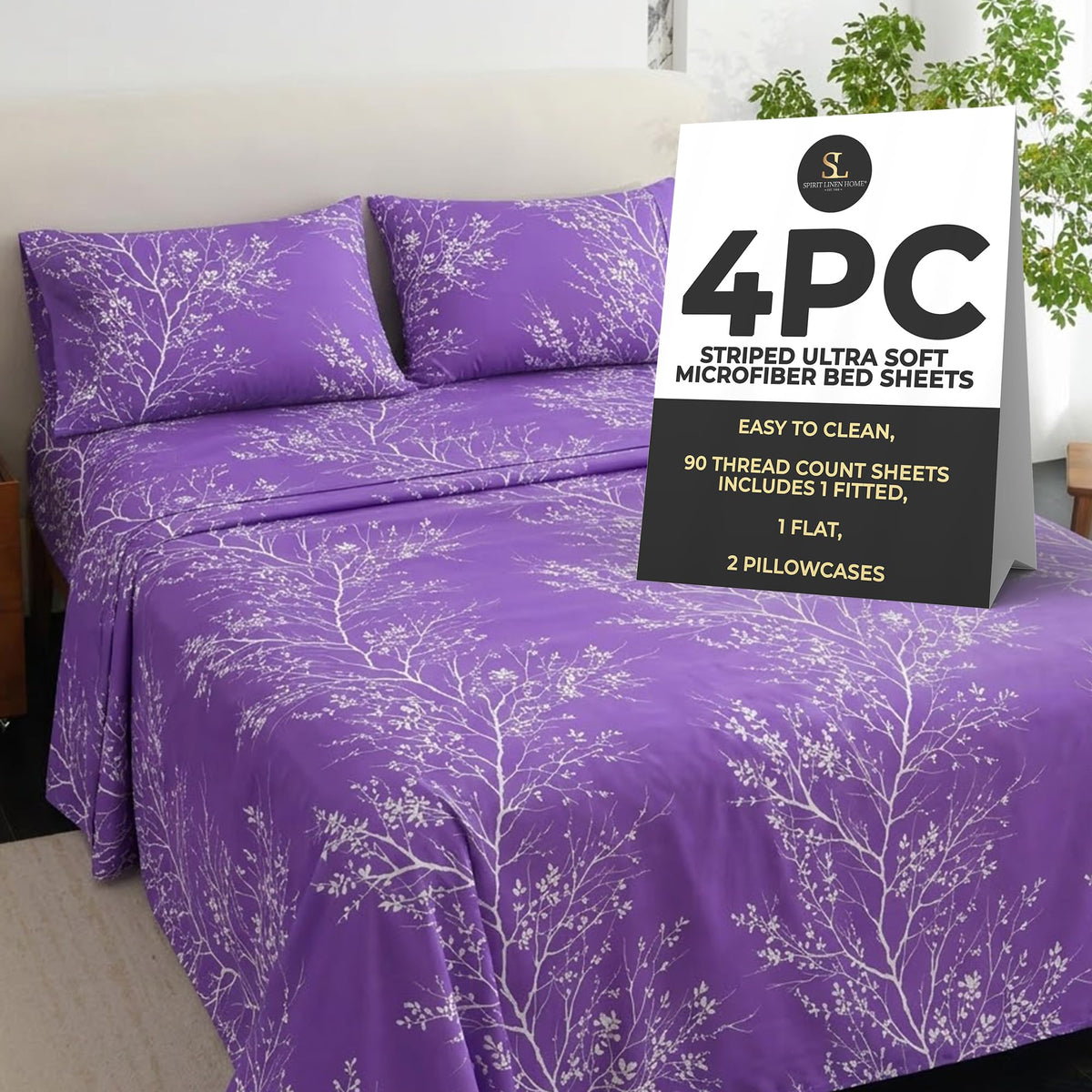 Home 4-Piece Elegant Soft Bed Sheet Set - King, Hunter/White