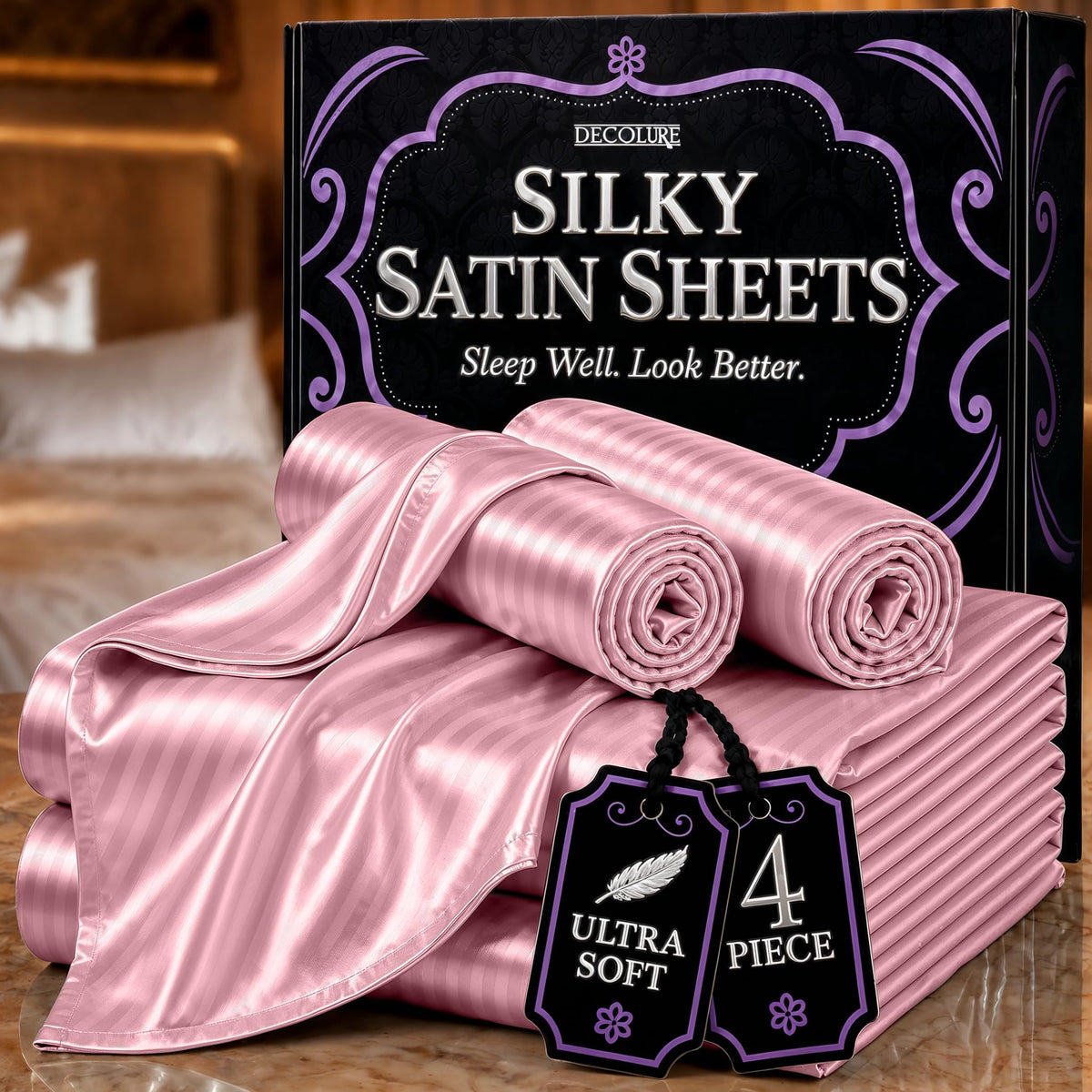 DECOLURE Satin Sheets Queen Size | Softer Than Silk | Luxury 4 Pc Bed Set