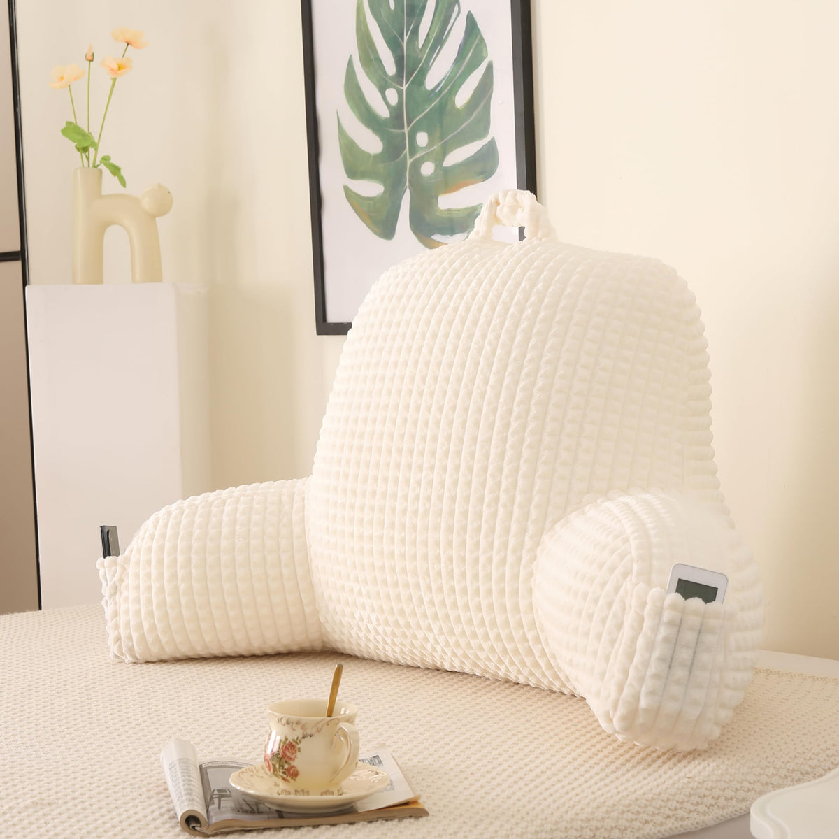 Reading Pillow for Sitting in Bed with Arm,White Corduroy, M