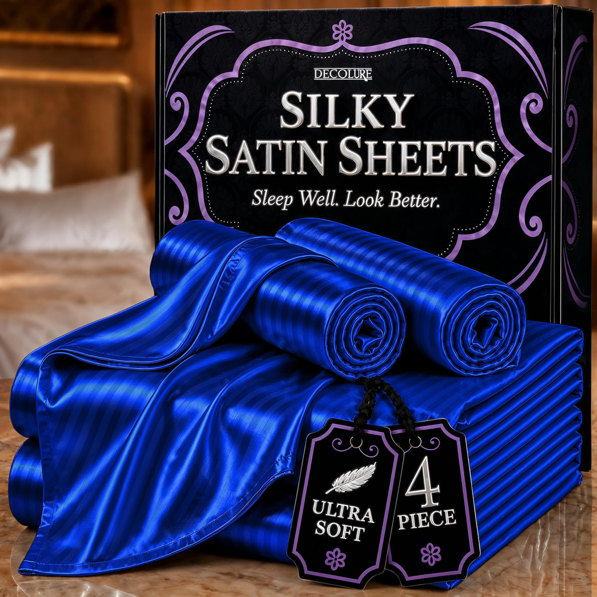 DECOLURE Satin Sheets Queen Size | Softer Than Silk | Luxury 4 Pc Bed Set
