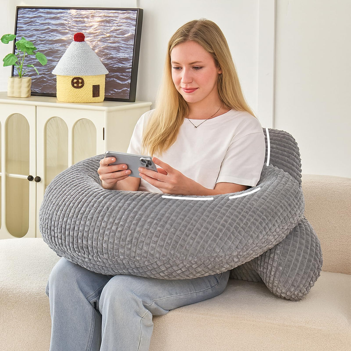 Reading Pillow for Sitting in Bed with Arm,White Corduroy, M
