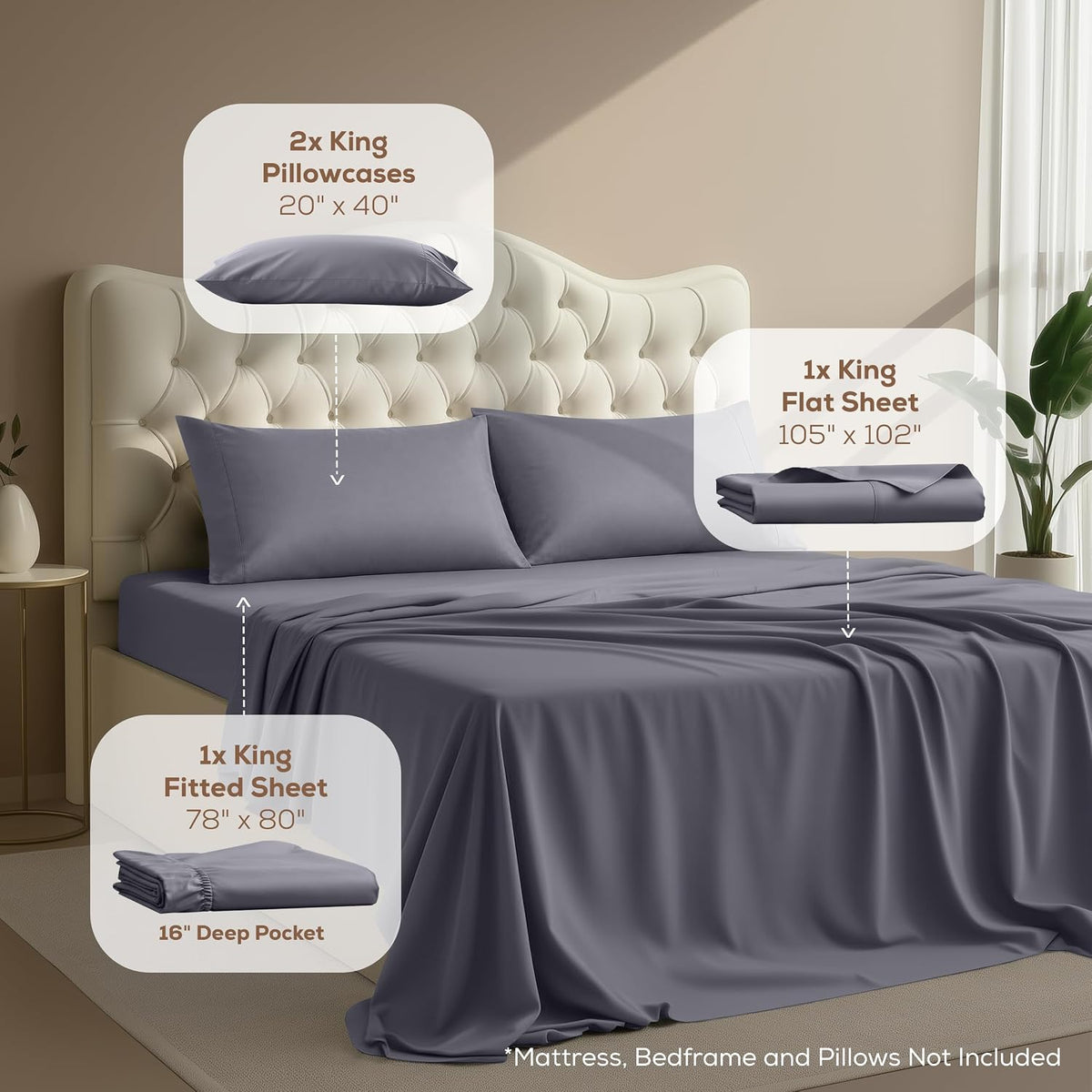 King Sheets Set, 4 Pieces 16" Deep Pocket Hotel Luxury Bed Sheets, Grey