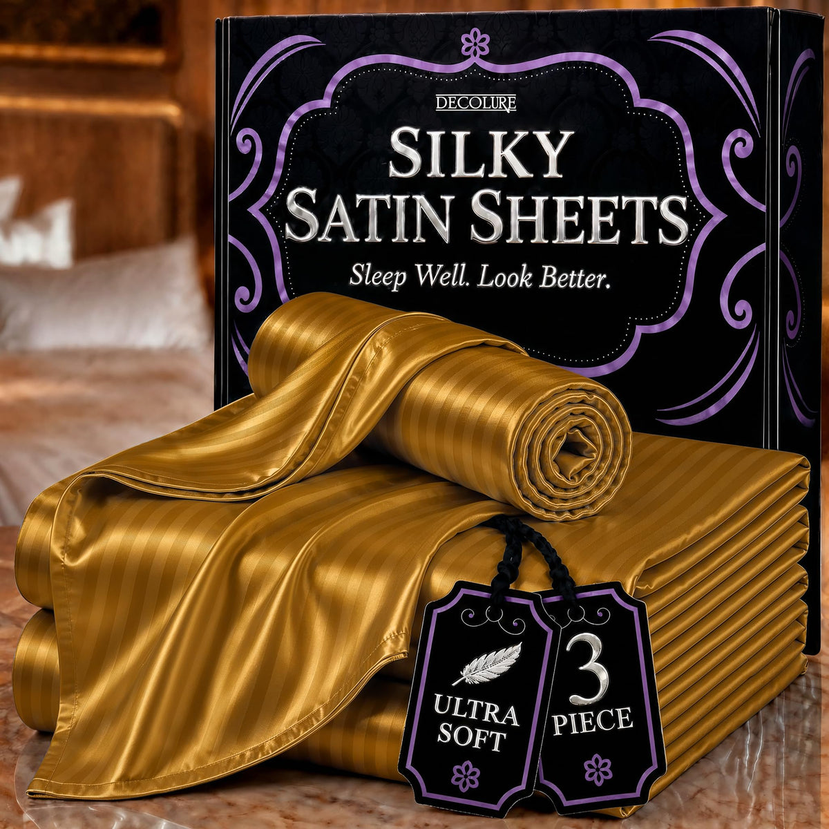 DECOLURE Satin Sheets Queen Size | Softer Than Silk | Luxury 4 Pc Bed Set