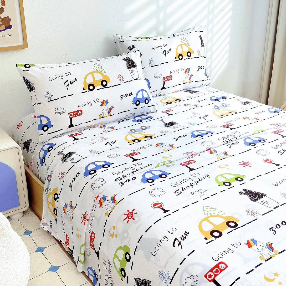 Full Sheet Set Kids - Pink Check 4 Pieces Soft Microfiber Cartoon Style Bedsheets for Boys Girls Teens, Oeko TEX Breathable 15 Inch Deep Pocket Sheets(Pink Bow)