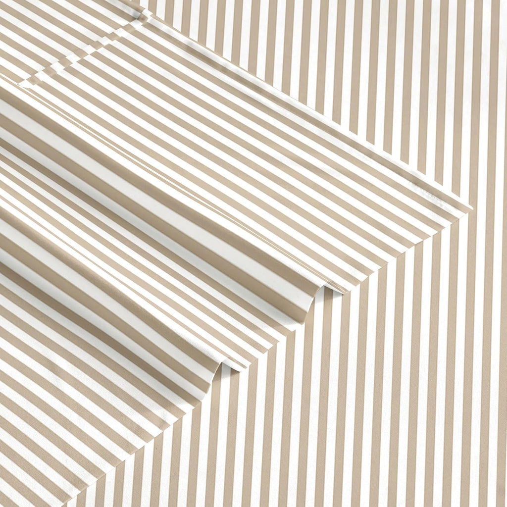 Wake In Cloud - Striped Bed Sheets, 4-Piece Sheet Set, Ticking Vertical Pin Stripe Modern Farmhouse Pattern Printed Bedding, Deep Pocket, Light Brown White, Queen Size