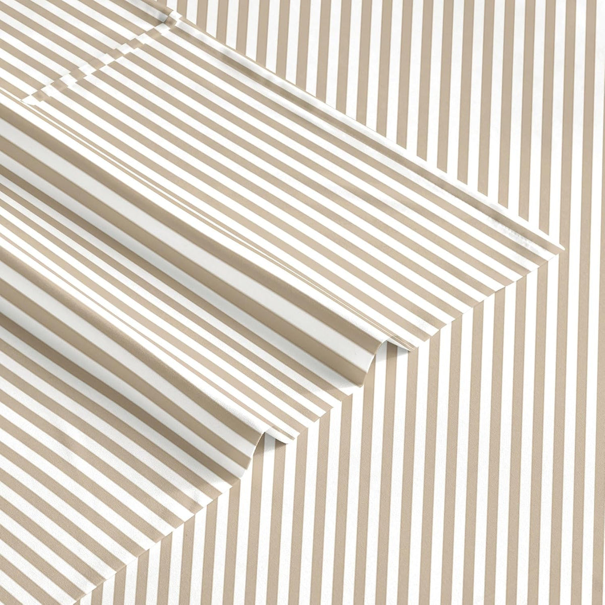 Wake In Cloud - Striped Bed Sheets, 4-Piece Sheet Set, Ticking Vertical Pin Stripe Modern Farmhouse Pattern Printed Bedding, Deep Pocket, Light Brown White, Queen Size
