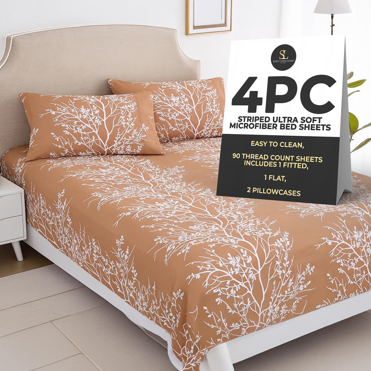 Home 4-Piece Elegant Soft Bed Sheet Set - King, Hunter/White