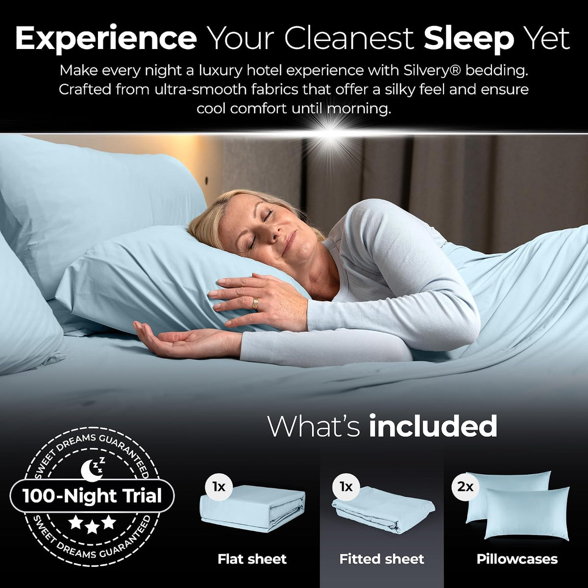 Silvery Silver Infused Ice Blue Bed Sheets Set - Award-Winning Self-Cooling Fabric with Self-Cleaning Silvery Technology that Stays Fresh 3X Longer for Hygienic Sleep