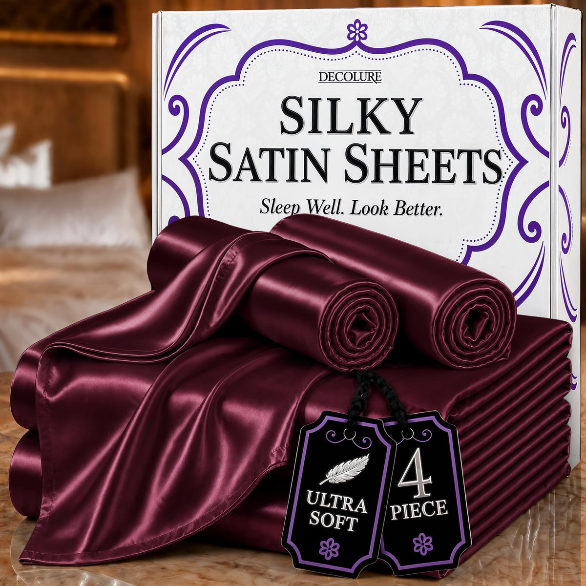 DECOLURE Satin Sheets Queen Size | Softer Than Silk | Luxury 4 Pc Bed Set