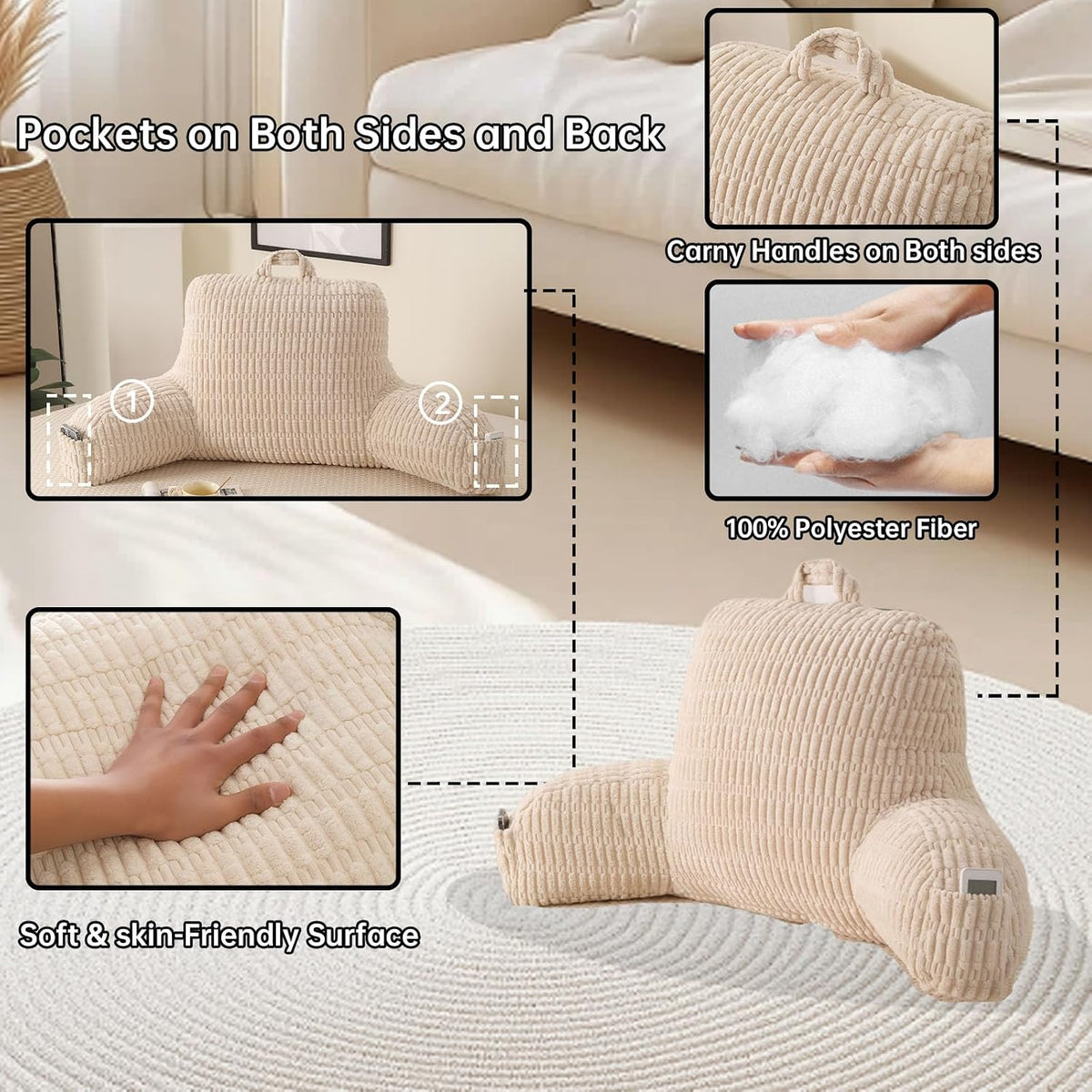 Reading Pillow for Sitting in Bed with Arm,White Corduroy, M