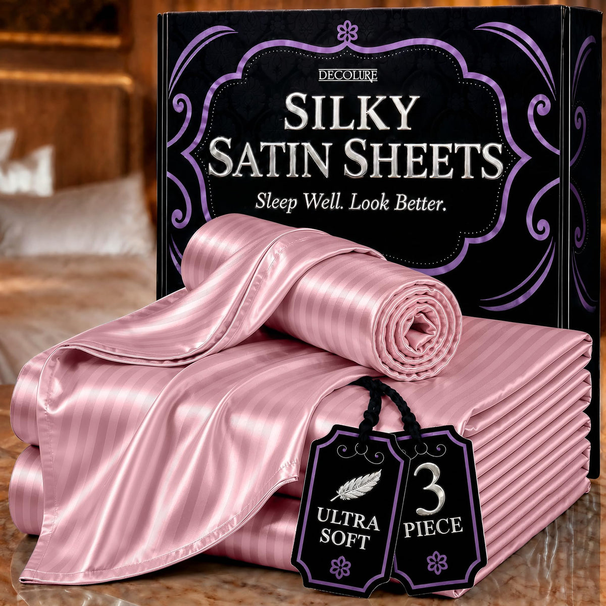 DECOLURE Satin Sheets Queen Size | Softer Than Silk | Luxury 4 Pc Bed Set