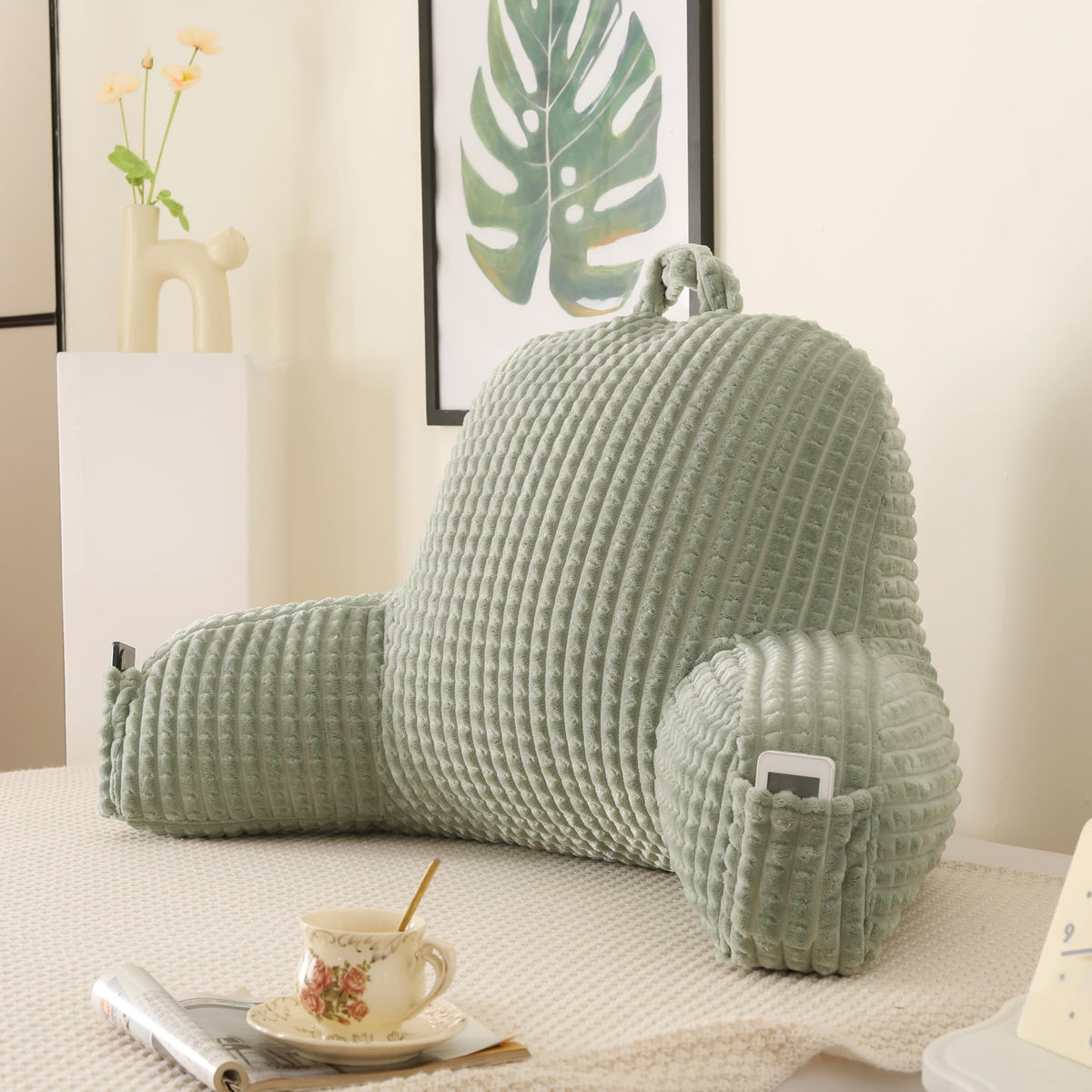 Reading Pillow for Sitting in Bed with Arm,White Corduroy, M