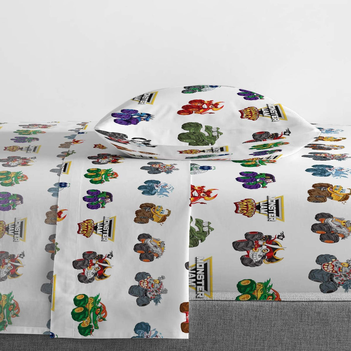 Jay Franco Kids Sheet Set with Fitted, Flat Sheets & Pillow Cover - Ultra-Soft Bedding with Pillowcase for Room Decor, White - Monster Jam, 3 Piece Toddler