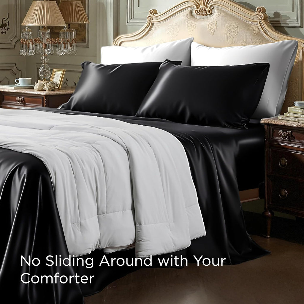 Bedsure Black Satin Sheets Queen Size, Soft Silky Bedsheet for Hair & Skin