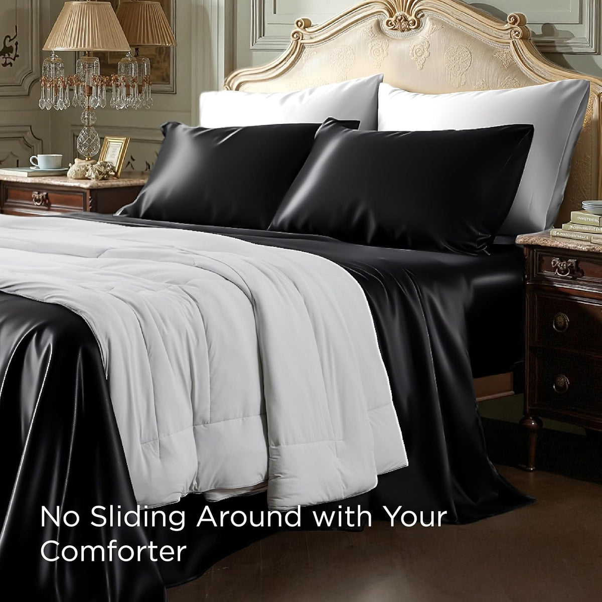 Bedsure Black Satin Sheets Queen Size, Soft Silky Bedsheet for Hair & Skin