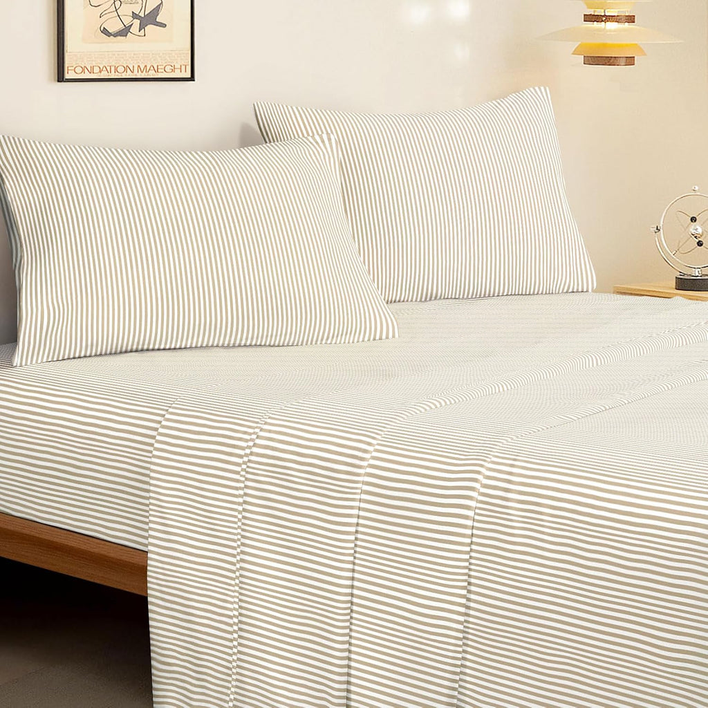 Wake In Cloud - Striped Bed Sheets, 4-Piece Sheet Set, Ticking Vertical Pin Stripe Modern Farmhouse Pattern Printed Bedding, Deep Pocket, Light Brown White, Queen Size