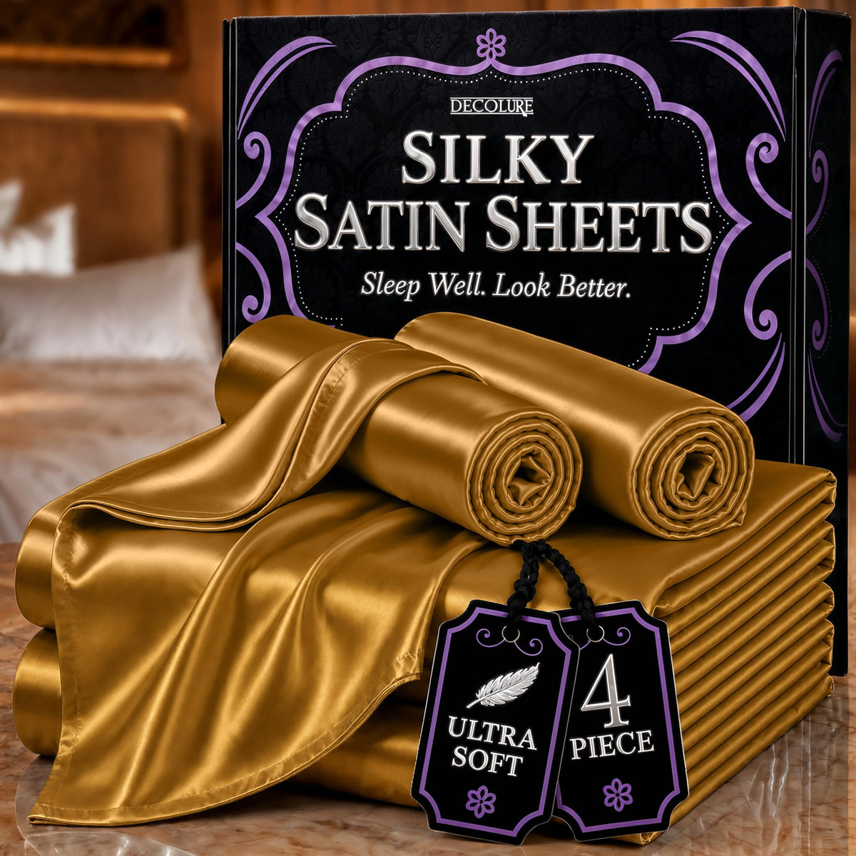 DECOLURE Satin Sheets Queen Size | Softer Than Silk | Luxury 4 Pc Bed Set
