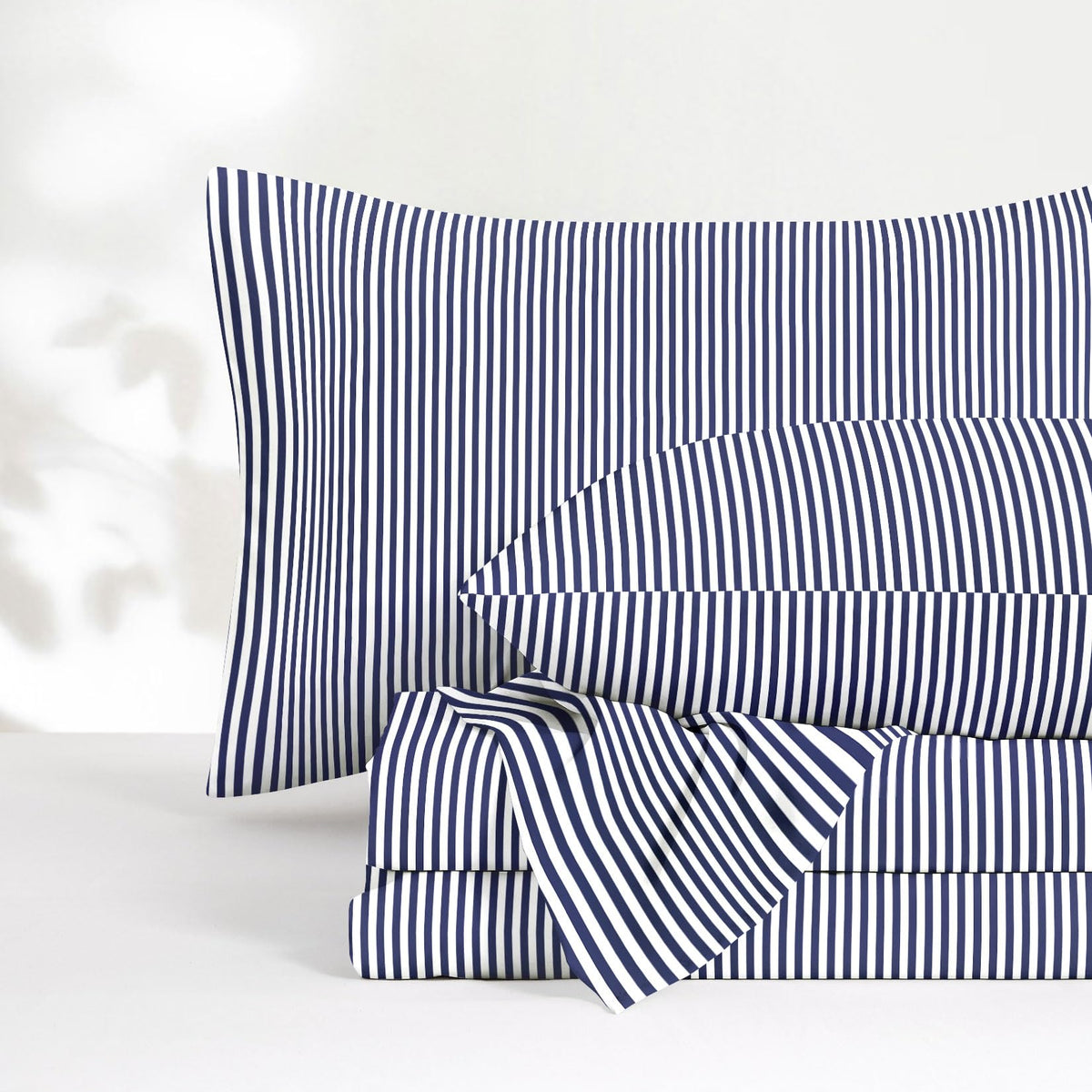 Wake In Cloud - Striped Bed Sheets, 4-Piece Sheet Set, Ticking Vertical Pin Stripe Modern Farmhouse Pattern Printed Bedding, Deep Pocket, Light Brown White, Queen Size