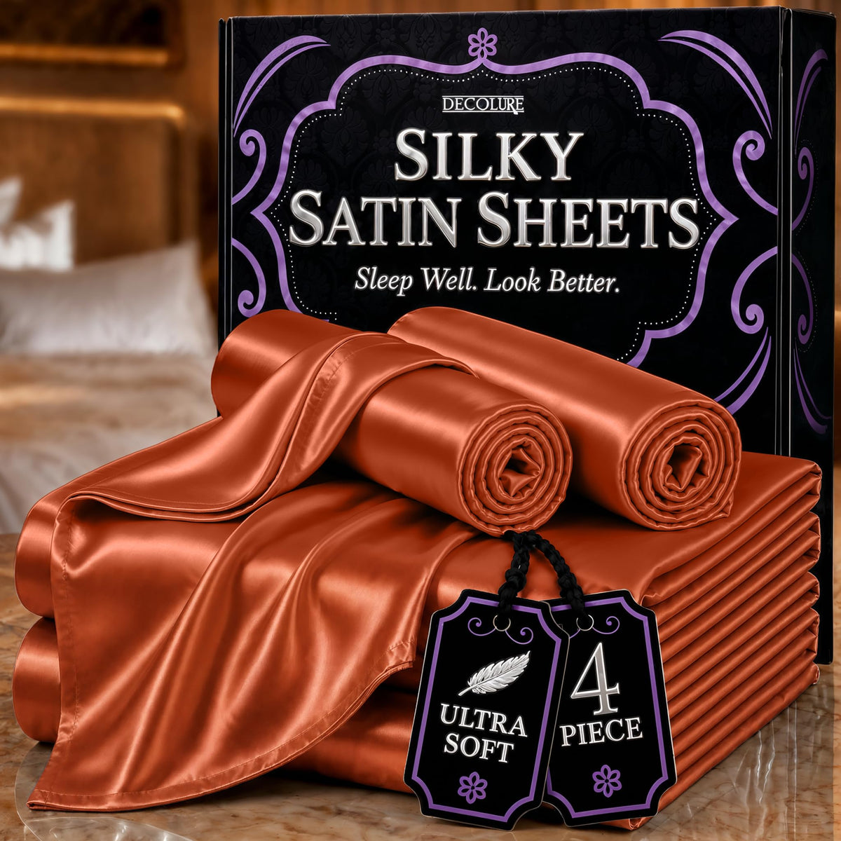 DECOLURE Satin Sheets Queen Size | Softer Than Silk | Luxury 4 Pc Bed Set