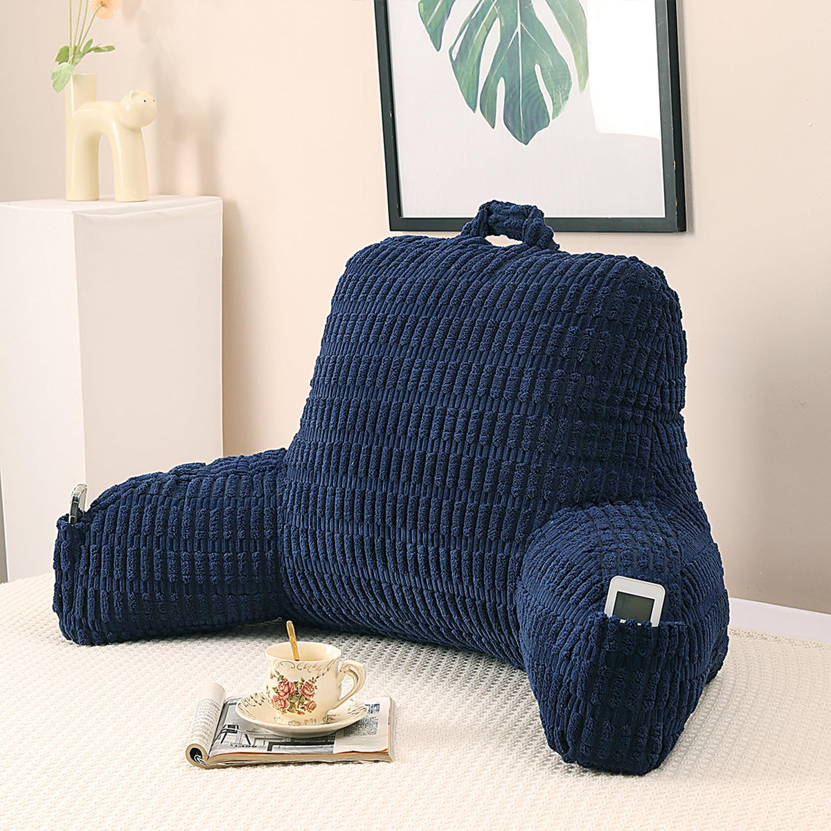 Reading Pillow for Sitting in Bed with Arm,White Corduroy, M