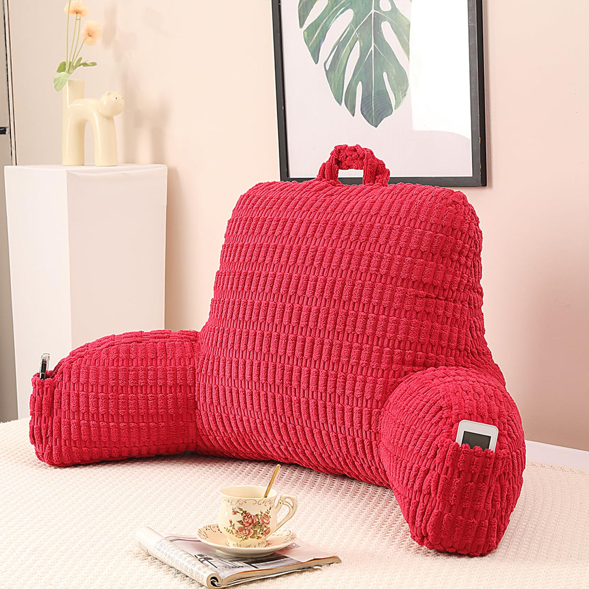 Reading Pillow for Sitting in Bed with Arm,White Corduroy, M