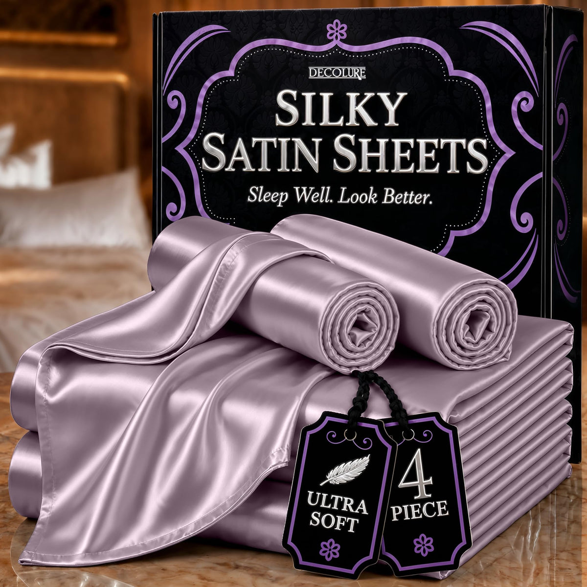 DECOLURE Satin Sheets Queen Size | Softer Than Silk | Luxury 4 Pc Bed Set