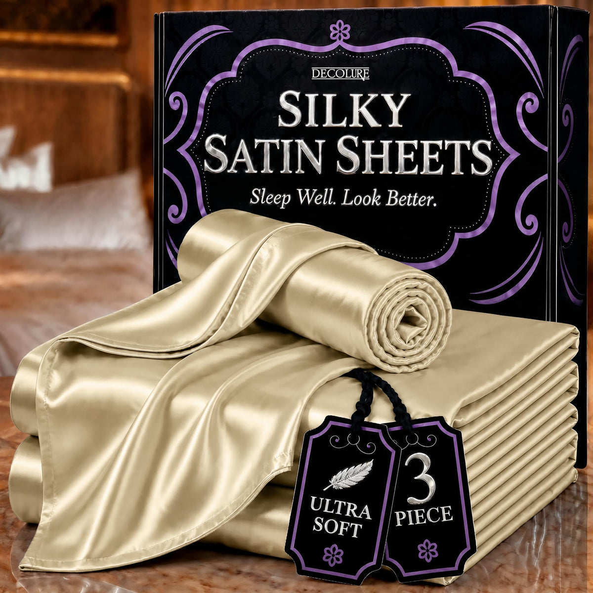 DECOLURE Satin Sheets Queen Size | Softer Than Silk | Luxury 4 Pc Bed Set
