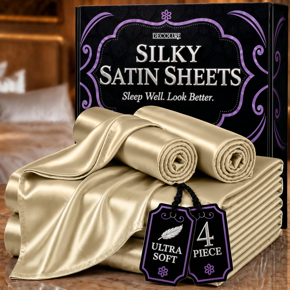 DECOLURE Satin Sheets Queen Size | Softer Than Silk | Luxury 4 Pc Bed Set