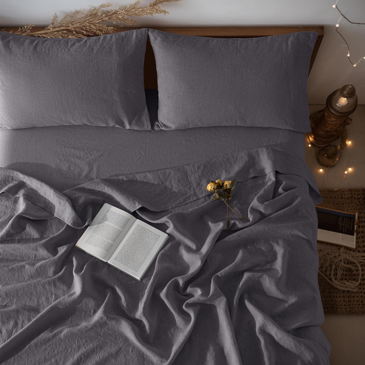 LBRO2M 100% French Pure Linen Sheet Set 4Pcs, 16" Deep Pocket Queen Size