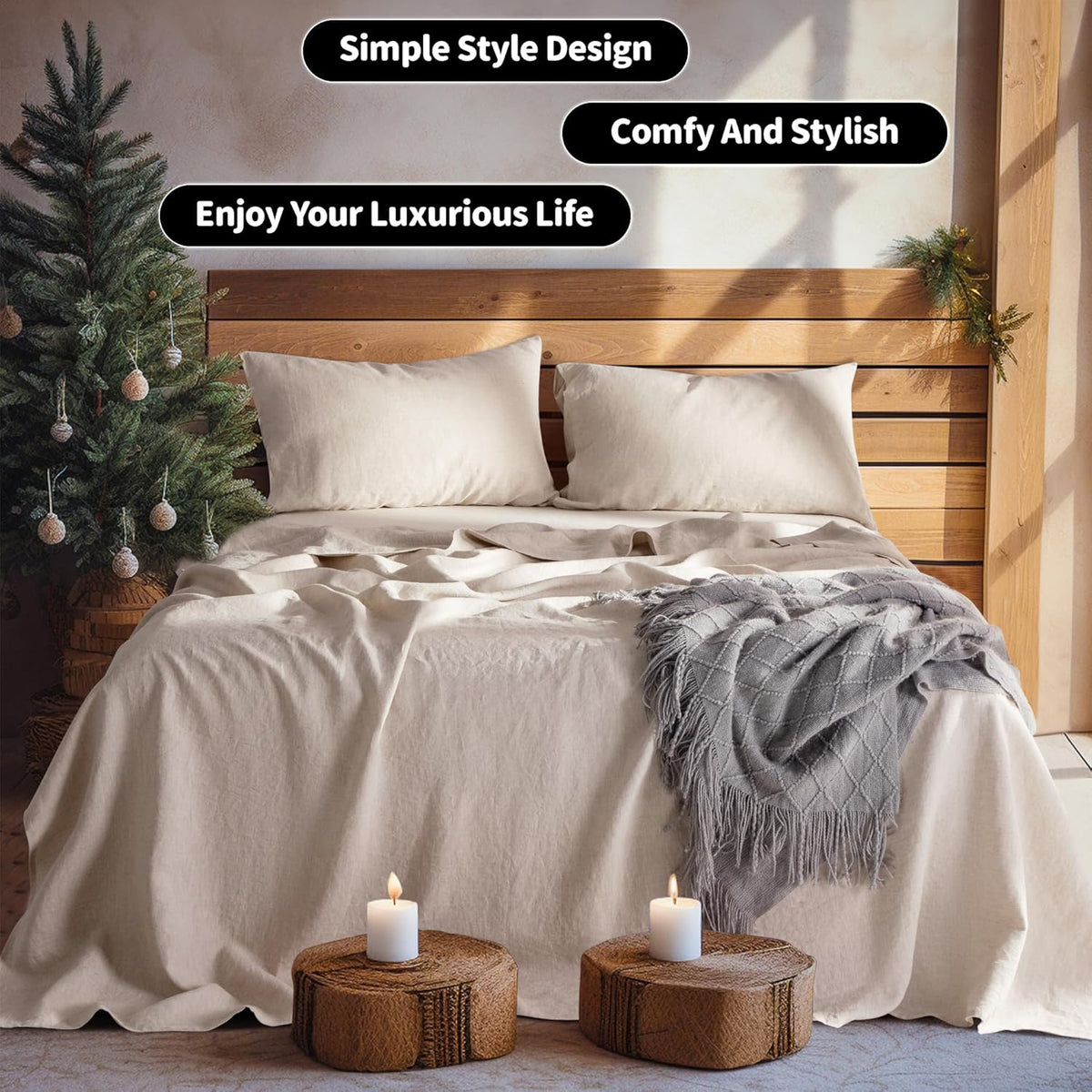 LBRO2M 100% French Pure Linen Sheet Set 4Pcs, 16" Deep Pocket Queen Size