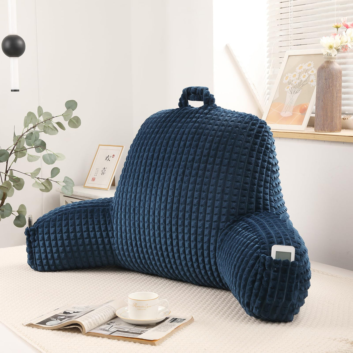 Reading Pillow for Sitting in Bed with Arm,White Corduroy, M