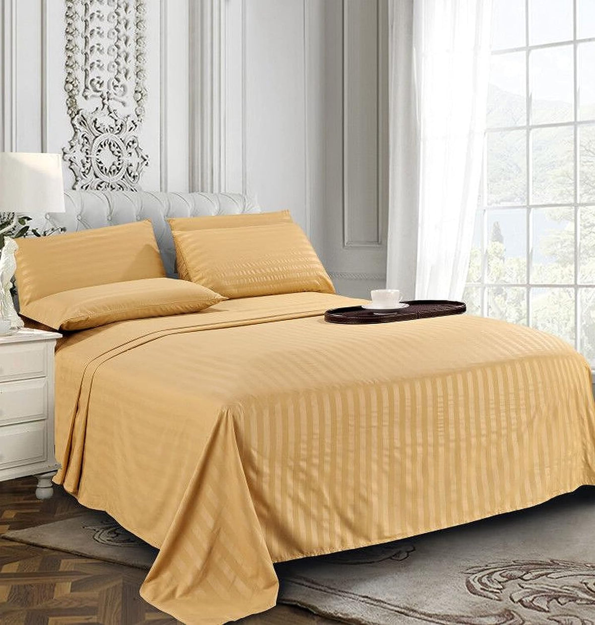 Elegant Comfort Softest and Coziest 6-Piece Sheet Set - 1500 Thread Count Egyptian Quality Luxurious Wrinkle Resistant 6-Piece Damask Stripe Bed Sheet Set, Queen, Camel/Gold